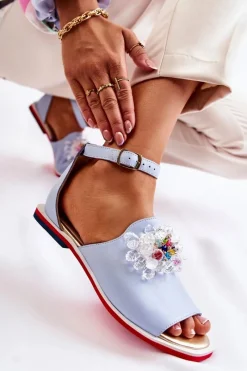 Sandały Płaskie>Boto Damskie Skórzane Sandałki Z Ozdobą Niebieskie Nevassa