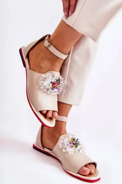 Sandały Płaskie>Boto Damskie Skórzane Sandałki Z Ozdobą Beżowe Nevassa