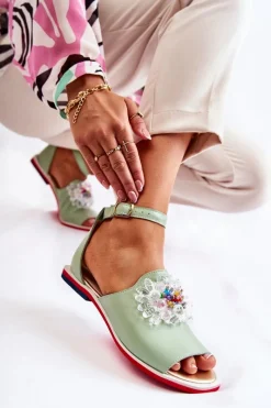 Discount Damskie Skórzane Sandałki Z Ozdobą Zielone Nevassa Damskie Sandały Płaskie