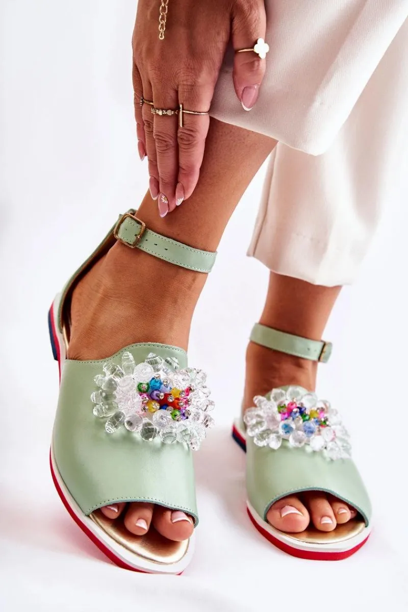 Discount Damskie Skórzane Sandałki Z Ozdobą Zielone Nevassa Damskie Sandały Płaskie