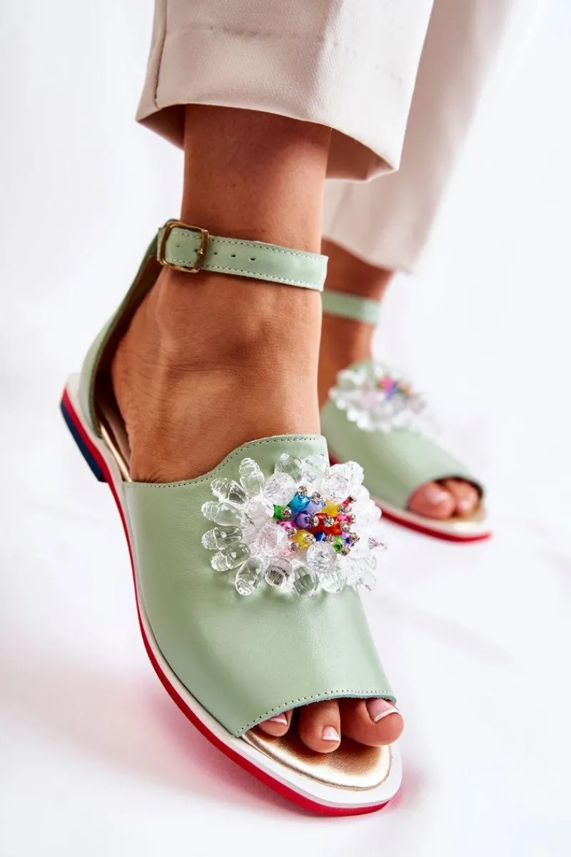 Discount Damskie Skórzane Sandałki Z Ozdobą Zielone Nevassa Damskie Sandały Płaskie