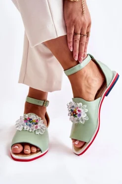 Discount Damskie Skórzane Sandałki Z Ozdobą Zielone Nevassa Damskie Sandały Płaskie