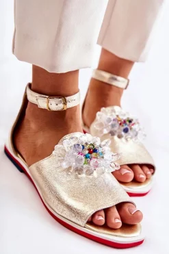 Damskie Skórzane Sandałki Z Ozdobą Złote Nevassa Damskie Sandały Płaskie