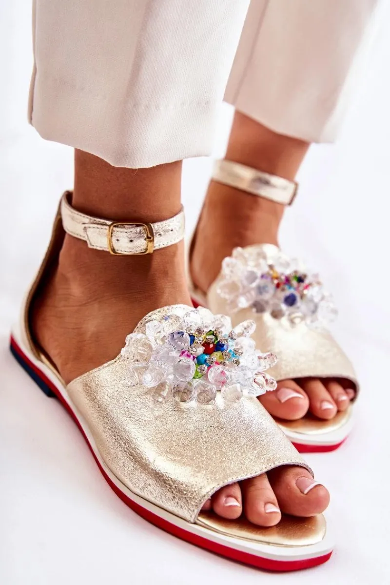 Damskie Skórzane Sandałki Z Ozdobą Złote Nevassa Damskie Sandały Płaskie