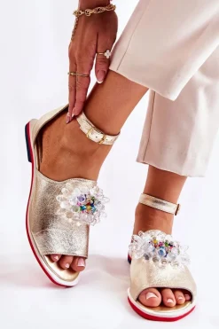Damskie Skórzane Sandałki Z Ozdobą Złote Nevassa Damskie Sandały Płaskie