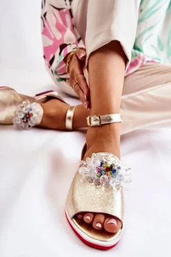 Damskie Skórzane Sandałki Z Ozdobą Złote Nevassa Damskie Sandały Płaskie