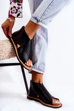 Sandały Płaskie>Damskie buty S.Barski Damskie Skórzane Sandały Na Szeroką Stopę Czarne Catalise