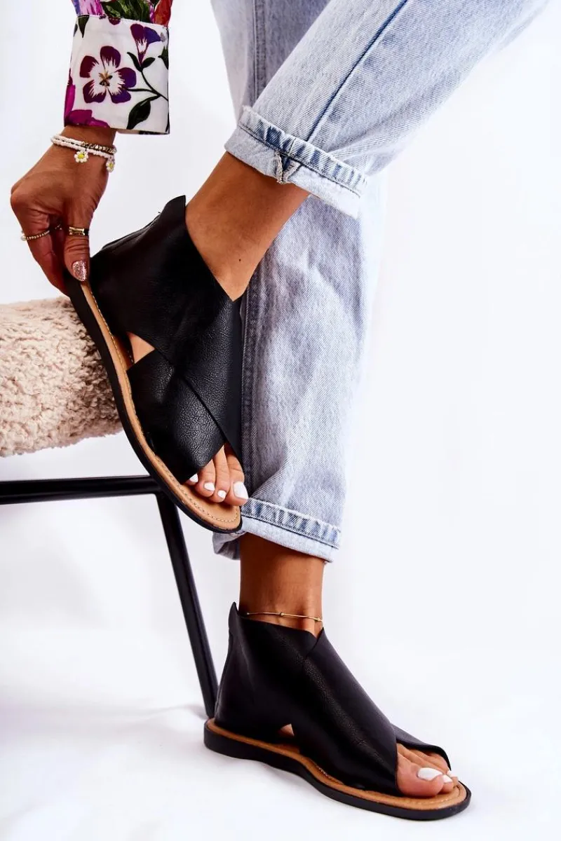 Sandały Płaskie>Damskie buty S.Barski Damskie Skórzane Sandały Na Szeroką Stopę Czarne Catalise