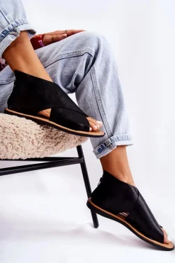 Sandały Płaskie>Damskie buty S.Barski Damskie Skórzane Sandały Na Szeroką Stopę Czarne Catalise