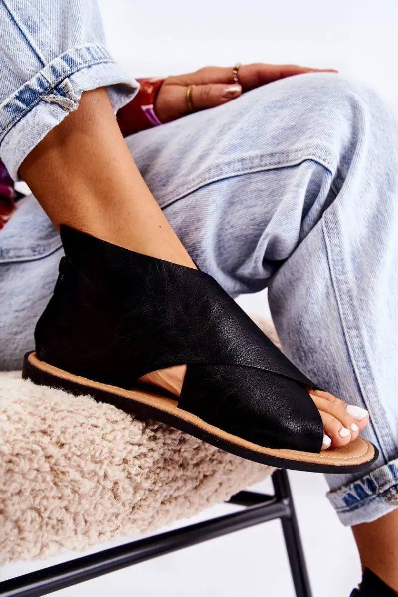 Sandały Płaskie>Damskie buty S.Barski Damskie Skórzane Sandały Na Szeroką Stopę Czarne Catalise