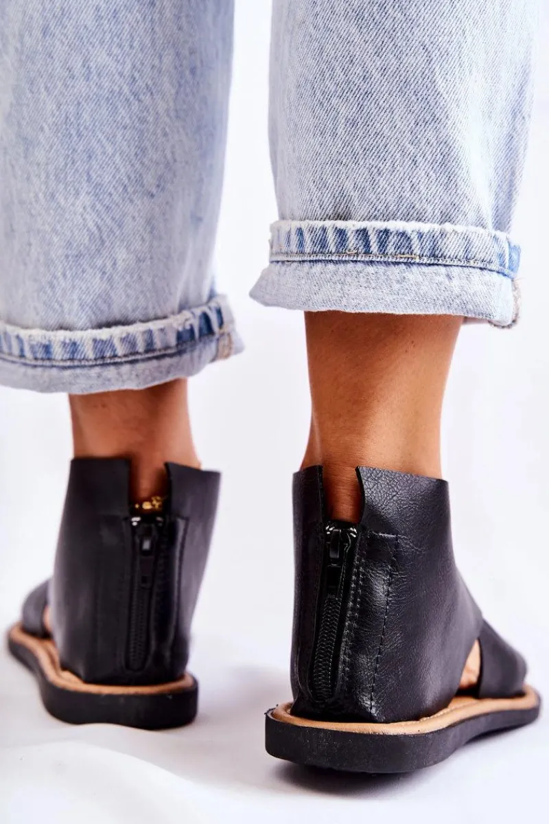 Sandały Płaskie>Damskie buty S.Barski Damskie Skórzane Sandały Na Szeroką Stopę Czarne Catalise