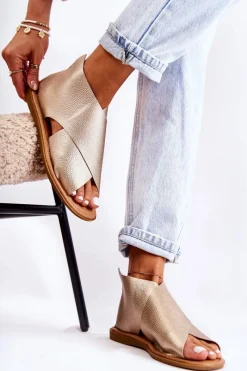 Damskie Skórzane Sandały Na Szeroką Stopę Złote Catalise Damskie Sandały Płaskie