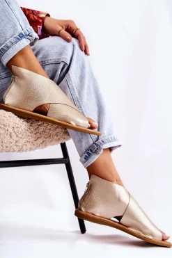 Damskie Skórzane Sandały Na Szeroką Stopę Złote Catalise Damskie Sandały Płaskie