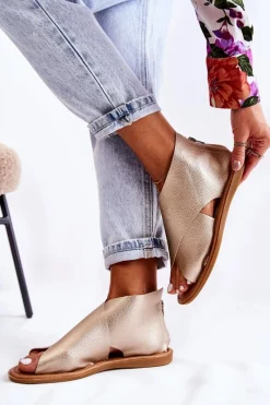 Damskie Skórzane Sandały Na Szeroką Stopę Złote Catalise Damskie Sandały Płaskie