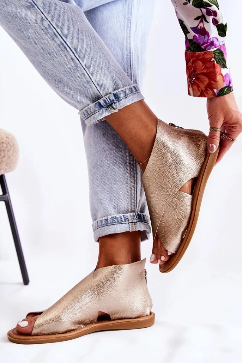 Damskie Skórzane Sandały Na Szeroką Stopę Złote Catalise Damskie Sandały Płaskie