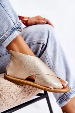 Damskie Skórzane Sandały Na Szeroką Stopę Złote Catalise Damskie Sandały Płaskie