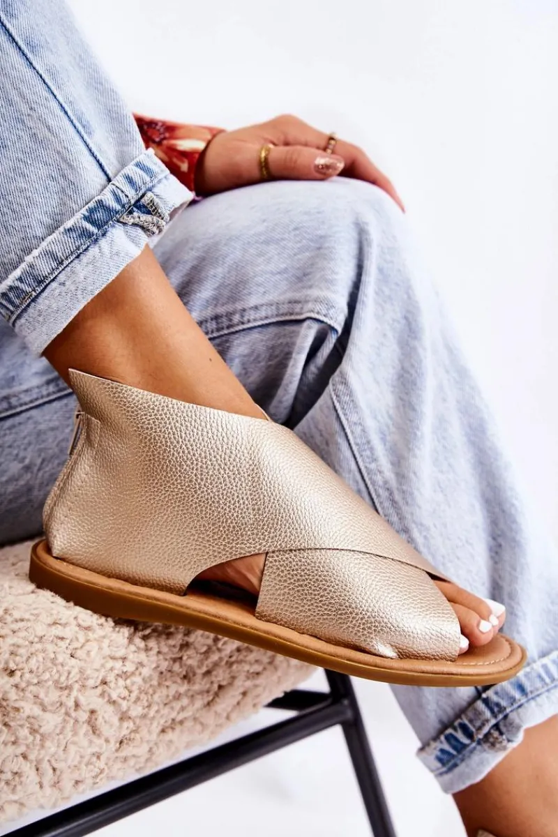 Damskie Skórzane Sandały Na Szeroką Stopę Złote Catalise Damskie Sandały Płaskie