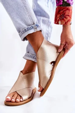 Damskie Skórzane Sandały Na Szeroką Stopę Złote Catalise Damskie Sandały Płaskie