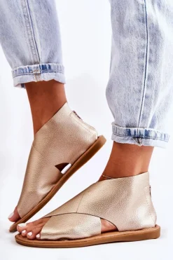 Damskie Skórzane Sandały Na Szeroką Stopę Złote Catalise Damskie Sandały Płaskie