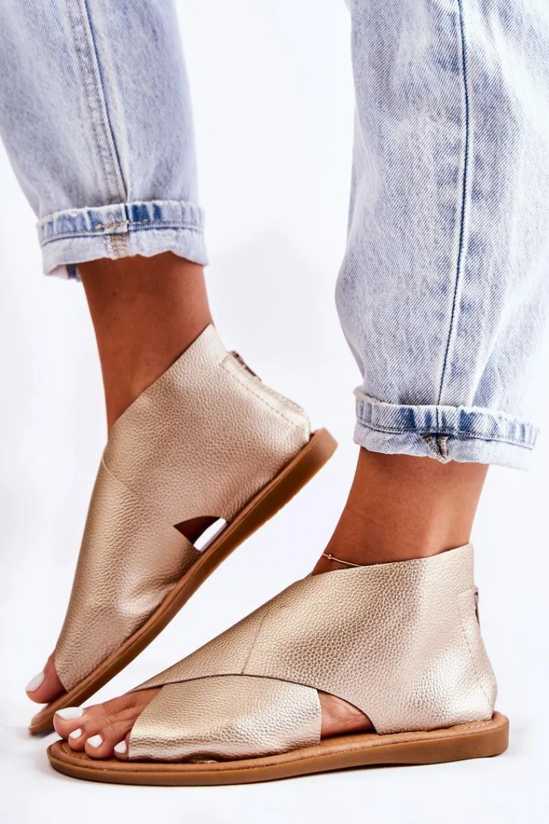 Damskie Skórzane Sandały Na Szeroką Stopę Złote Catalise Damskie Sandały Płaskie