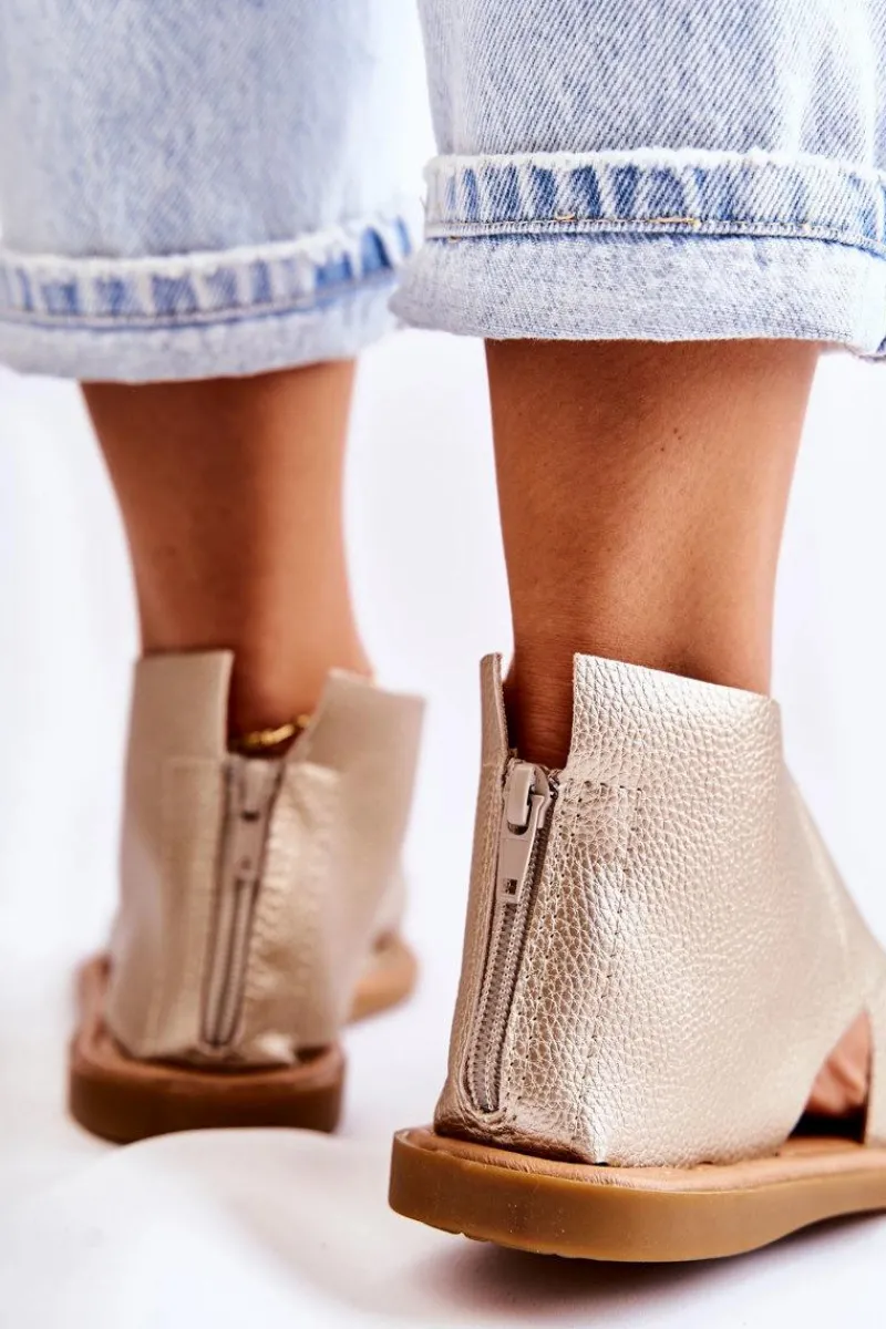 Damskie Skórzane Sandały Na Szeroką Stopę Złote Catalise Damskie Sandały Płaskie