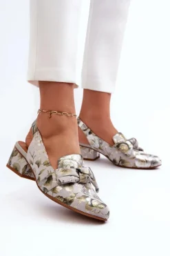 Maciejka Damskie Skórzane Sandały Na Niskim Obcasie W Kwiaty N6539-38 Zielone