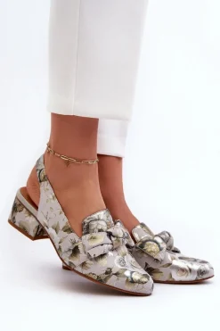 Maciejka Damskie Skórzane Sandały Na Niskim Obcasie W Kwiaty N6539-38 Zielone