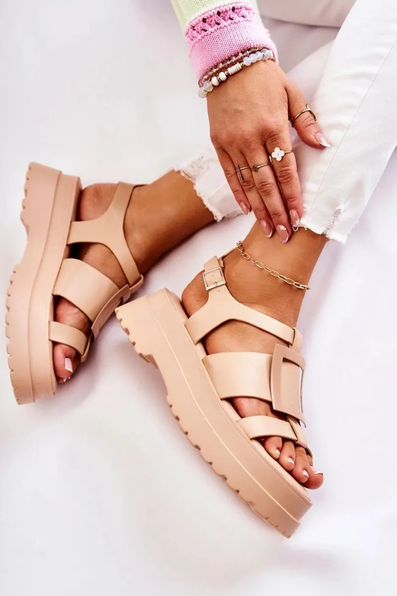 Best Boto Damskie Skórzane Sandały Na Platformie Ciemnobeżowe Corene