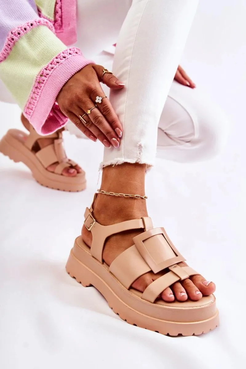 Best Boto Damskie Skórzane Sandały Na Platformie Ciemnobeżowe Corene