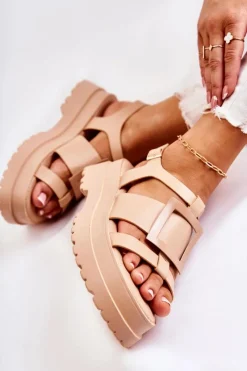 Best Boto Damskie Skórzane Sandały Na Platformie Ciemnobeżowe Corene