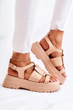 Best Boto Damskie Skórzane Sandały Na Platformie Ciemnobeżowe Corene