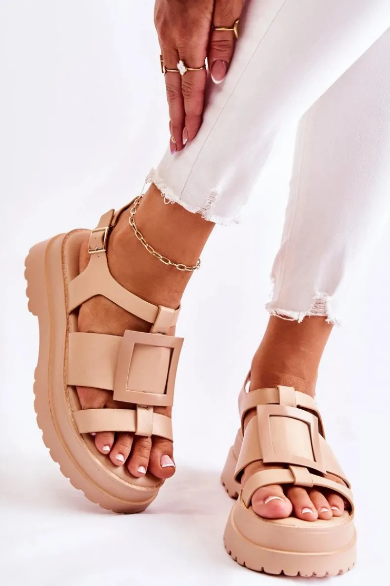 Best Boto Damskie Skórzane Sandały Na Platformie Ciemnobeżowe Corene