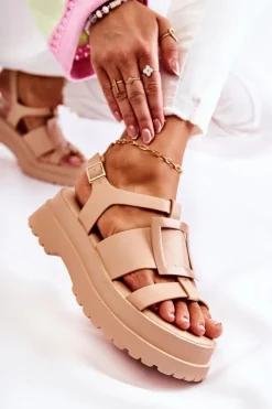 Best Boto Damskie Skórzane Sandały Na Platformie Ciemnobeżowe Corene