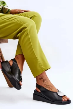 Online Damskie Skórzane Sandały Na Koturnie Czarne Justice Damskie Sandały Na Koturnie