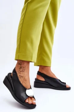 Online Damskie Skórzane Sandały Na Koturnie Czarne Justice Damskie Sandały Na Koturnie