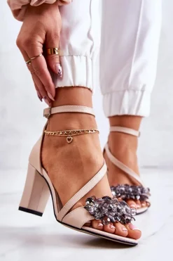 Hot Damskie Skórzane Sandały Na Obcasie Beżowe Torine Damskie Sandały Na Obcasie