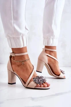Hot Damskie Skórzane Sandały Na Obcasie Beżowe Torine Damskie Sandały Na Obcasie