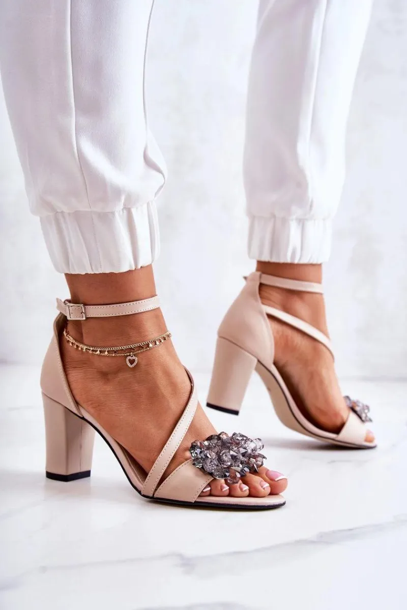 Hot Damskie Skórzane Sandały Na Obcasie Beżowe Torine Damskie Sandały Na Obcasie