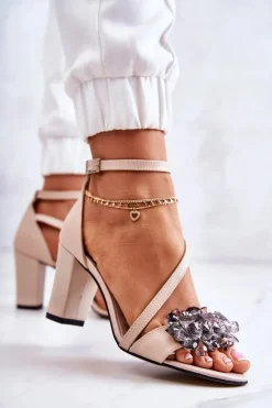 Hot Damskie Skórzane Sandały Na Obcasie Beżowe Torine Damskie Sandały Na Obcasie