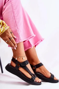 Clearance Evento Damskie Skórzane Sandały Na Rzep Czarne Clarisse