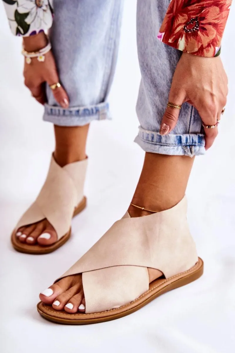 Sandały Płaskie>Damskie buty S.Barski Damskie Skórzane Sandały Na Szeroką Stopę Beżowe Catalise