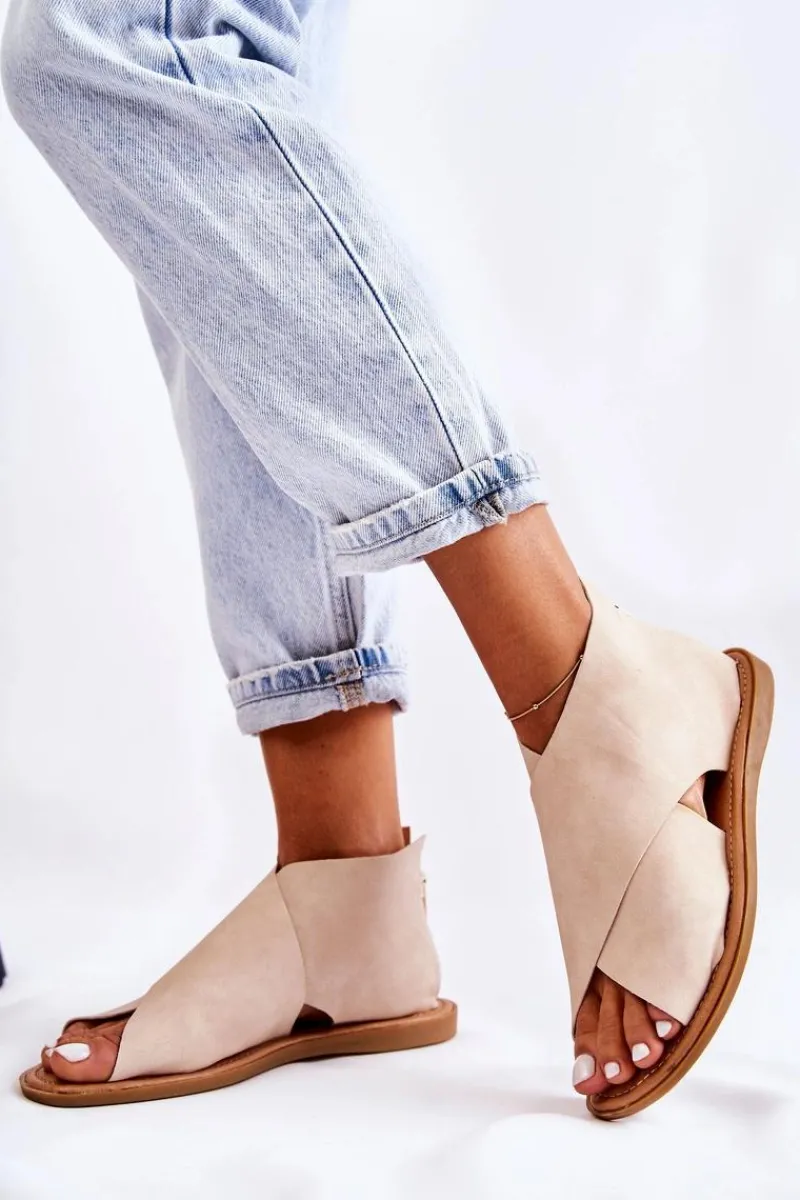 Sandały Płaskie>Damskie buty S.Barski Damskie Skórzane Sandały Na Szeroką Stopę Beżowe Catalise