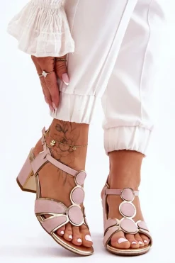 Damskie Skórzane Sandały Na Niskim Słupku Różowe Riley Damskie Sandały Na Obcasie