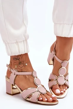 Damskie Skórzane Sandały Na Niskim Słupku Różowe Riley Damskie Sandały Na Obcasie