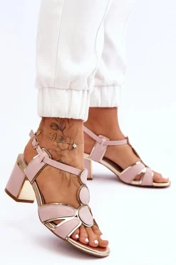 Damskie Skórzane Sandały Na Niskim Słupku Różowe Riley Damskie Sandały Na Obcasie