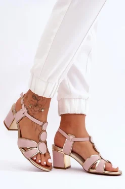 Damskie Skórzane Sandały Na Niskim Słupku Różowe Riley Damskie Sandały Na Obcasie