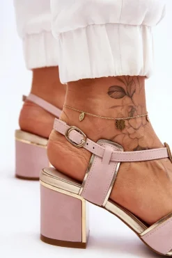 Damskie Skórzane Sandały Na Niskim Słupku Różowe Riley Damskie Sandały Na Obcasie