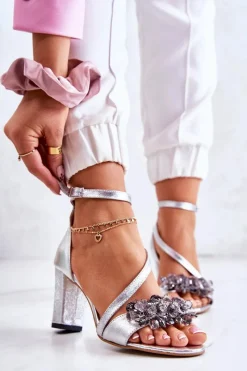 Hot Boto Damskie Skórzane Sandały Na Obcasie Srebrne Torine
