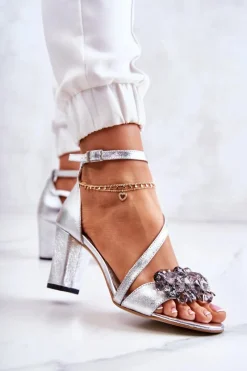Hot Boto Damskie Skórzane Sandały Na Obcasie Srebrne Torine