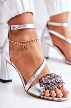 Hot Boto Damskie Skórzane Sandały Na Obcasie Srebrne Torine